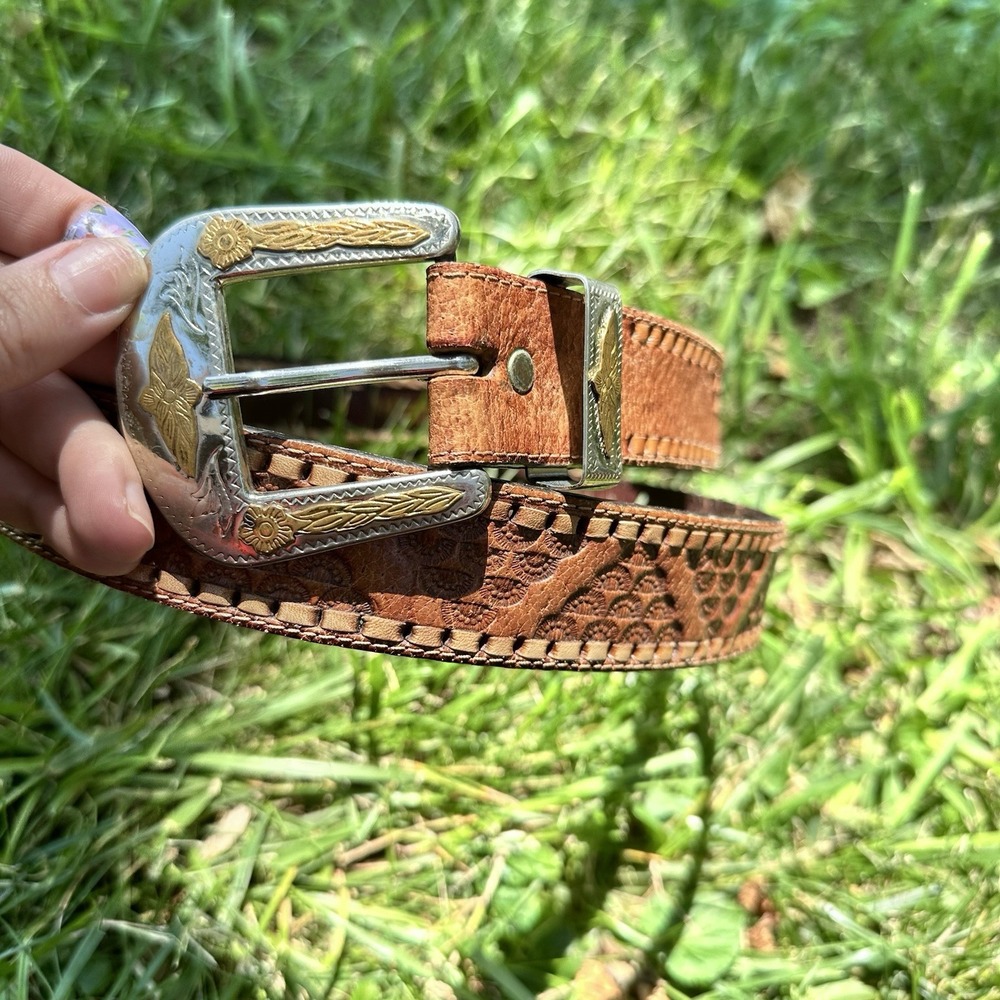 Vintage Classic Boho Western Genuine‎ Silver Belt Buckle Leather Wrangler Belt